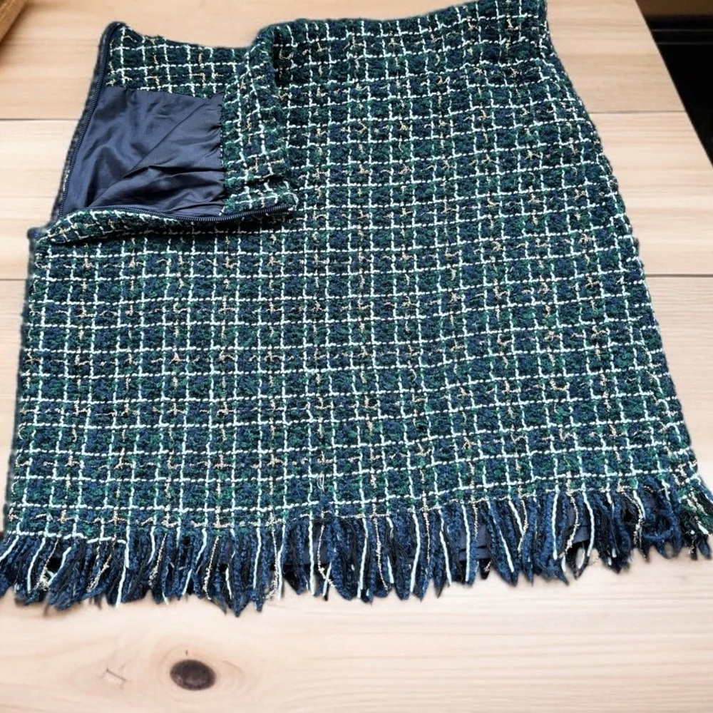 Le Lis Plaid Mini Skirt Medium Blue Green Side Zip Fringe Lined Fall Winter - Picture 4 of 4